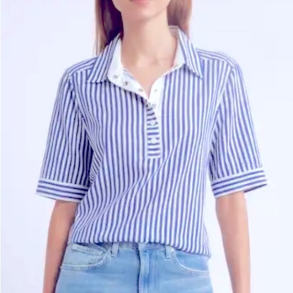 Frame Denim Blue and White Striped Button-Up